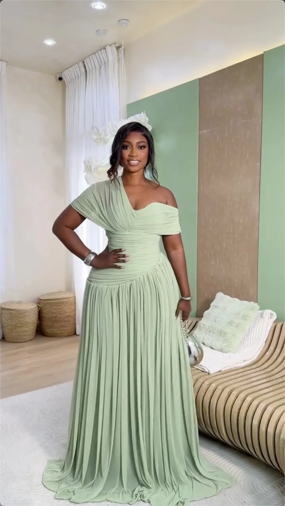Sage Green One-Shoulder Ruched A-Line Maxi Dress