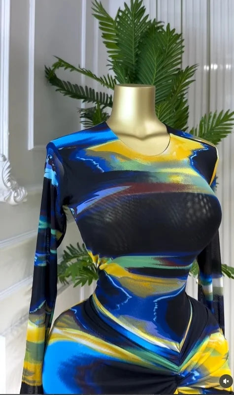 Tie Dye Ruched Bodycon Maxi Dress – Long Sleeve Floor-Length Vacation Dress