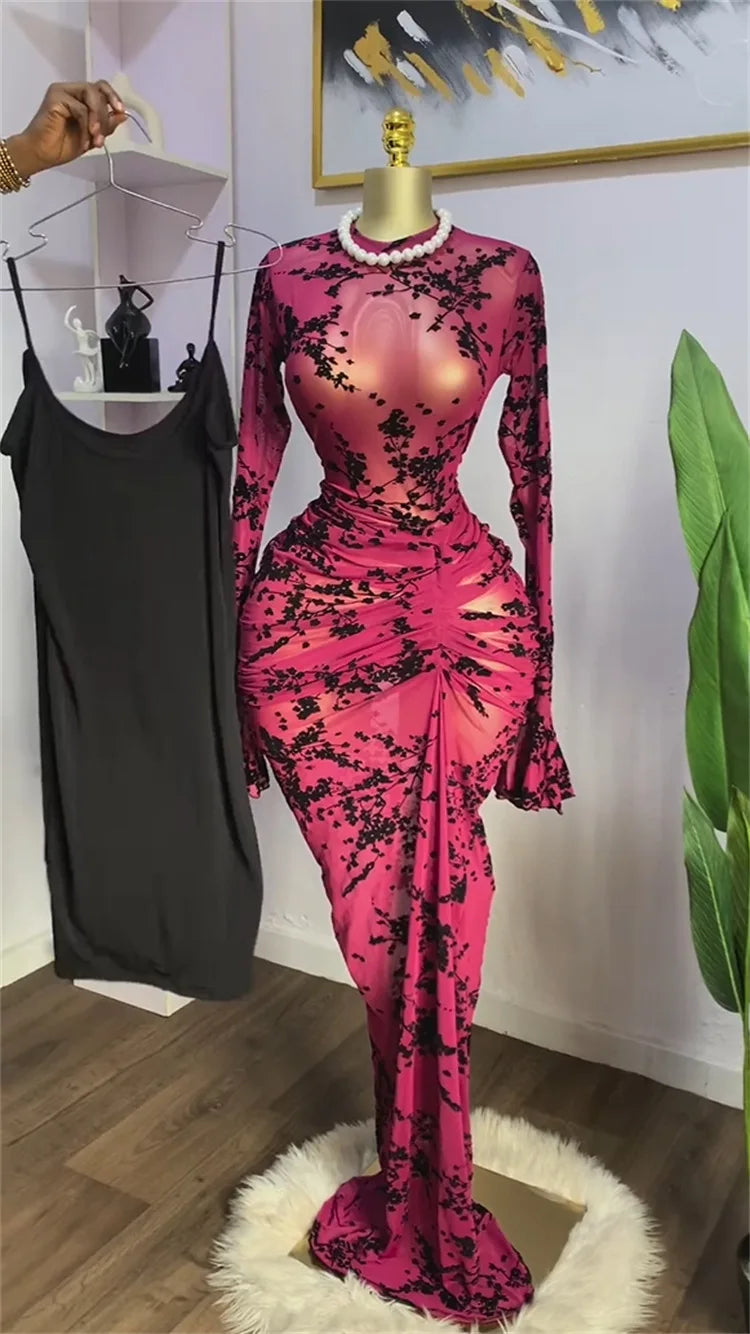 Mesh Bodycon Flare Sleeve Maxi Dress