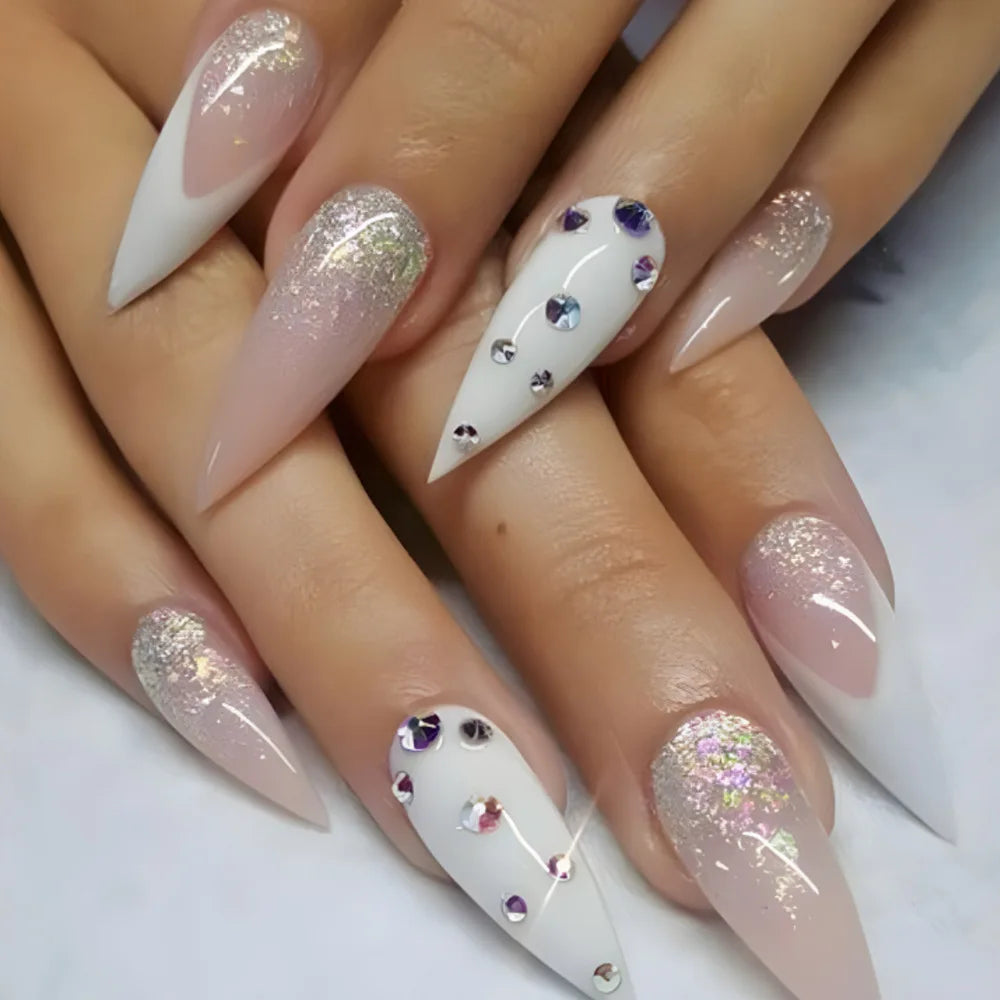 Nude Flower Rhinestone Stiletto Press-On Nails - Almond