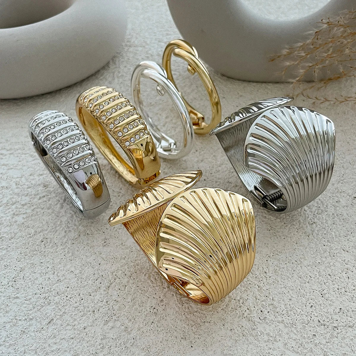 Scallop Knot Open Cuff Bangle – Vintage Gold & Silver Rhinestone Bracelet