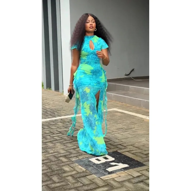 Floral Print Keyhole Neck Ruched High Slit Ruffle Sleeve Maxi Dress