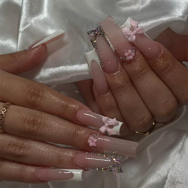 Pink Butterfly Glitter Press-On Nails - French Ballet