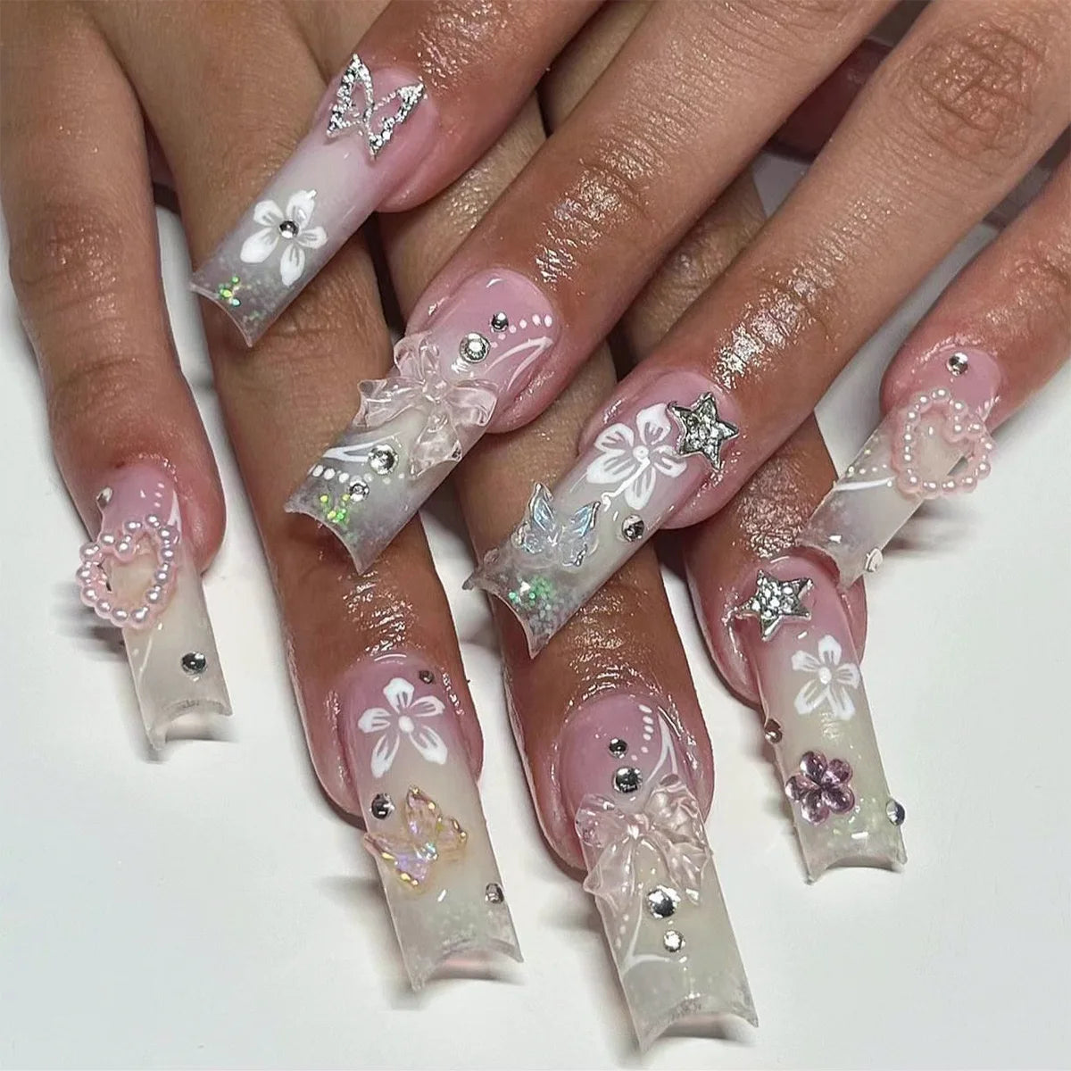 White French Diamond Flower Press-On Nails - Coffin Ballerina