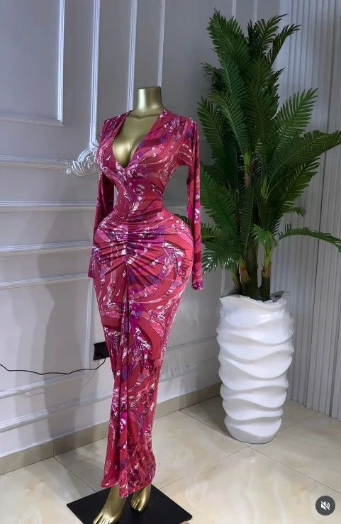 Printed V-Neck Ruched Bodycon Maxi Dress