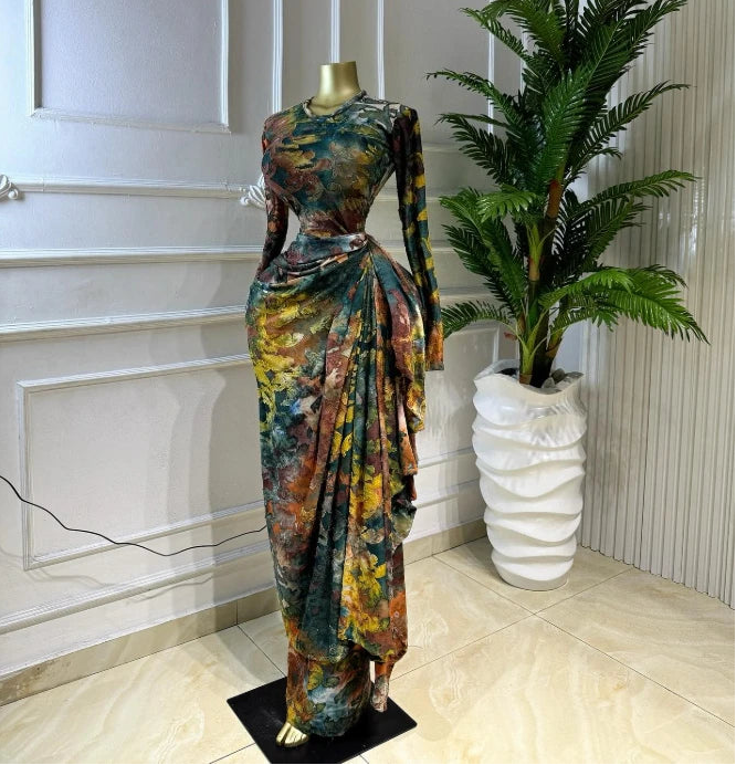Tie Dye Ruched Ribbon Maxi Dress – Elegant Floor-Length Evening Dress