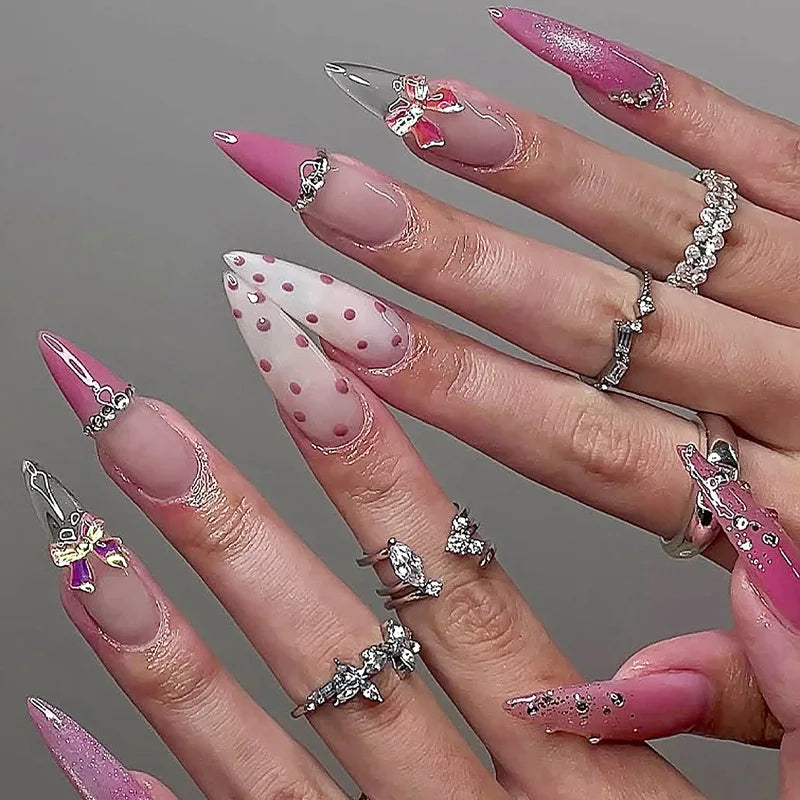 Glitter Bow Almond Press-On Nails – 24pcs Sweet Korean Style
