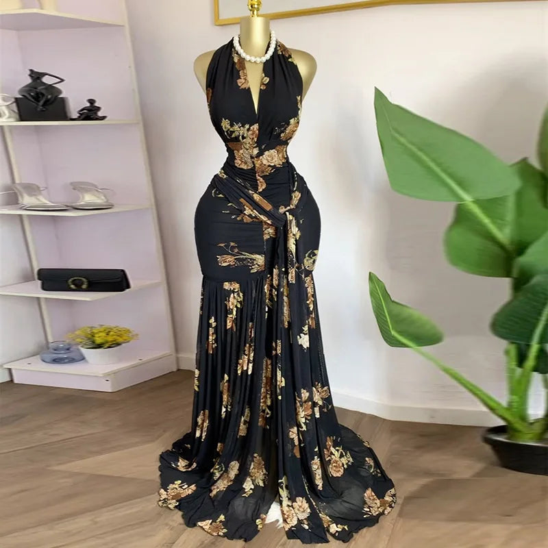 Floral Halter V-Neck Backless Ruched Ruffle Maxi Dress