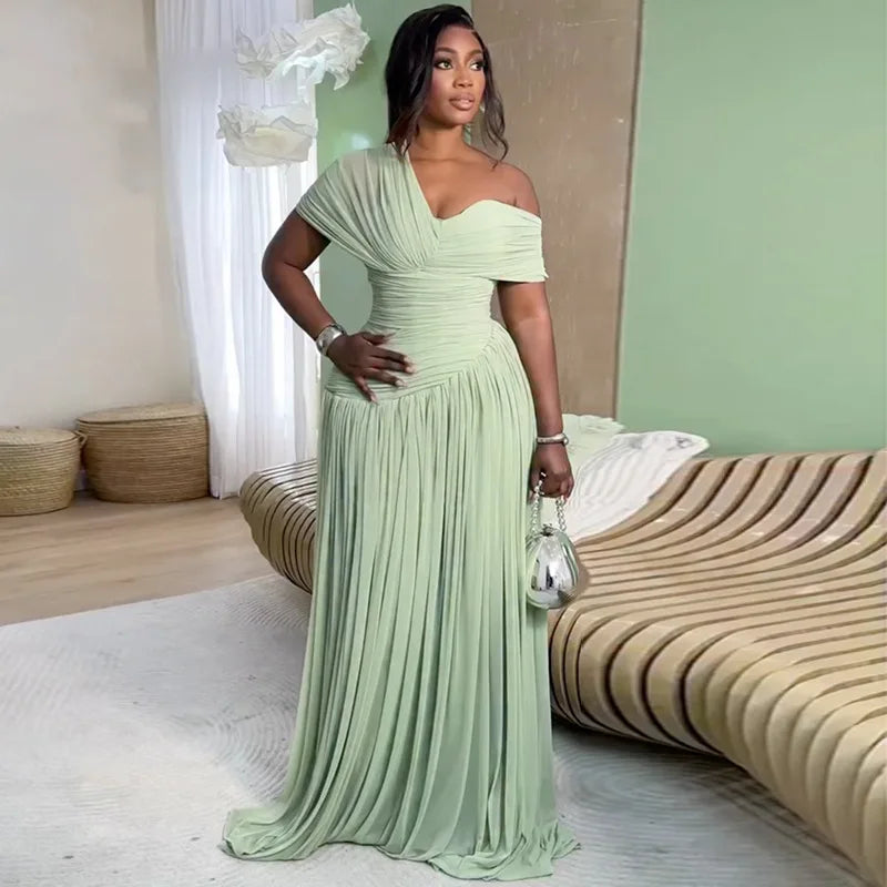 Sage Green One-Shoulder Ruched A-Line Maxi Dress