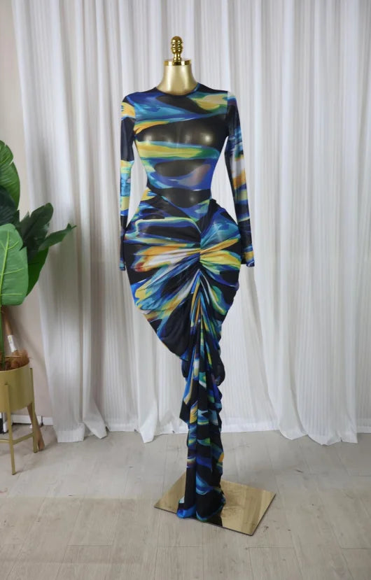 Tie Dye Ruched Bodycon Maxi Dress – Long Sleeve Floor-Length Vacation Dress
