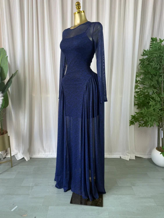 Velvet & Mesh Corseted Pleated A-Line Maxi Dress