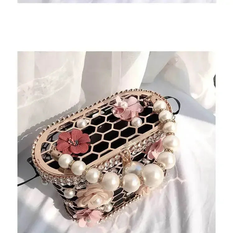 Luxe Pearl & Diamond Metallic Evening Bag