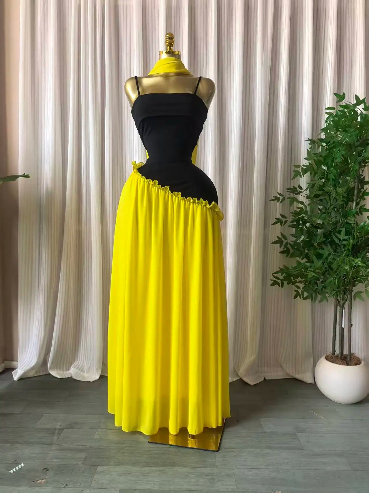 Patchwork Ruffle Strap A-Line Maxi Dress with Scarf