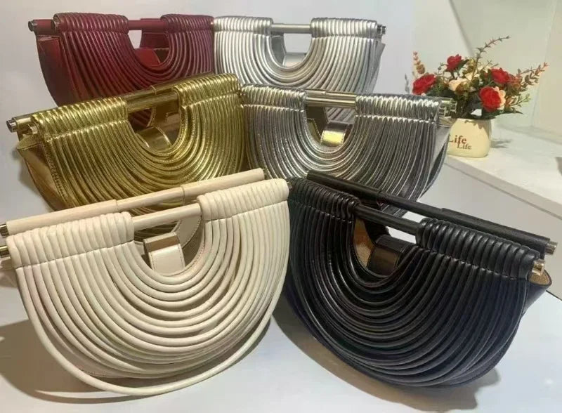 Gold Handwoven Noodle Hobo Bag – Luxury Half Round Evening Clutch