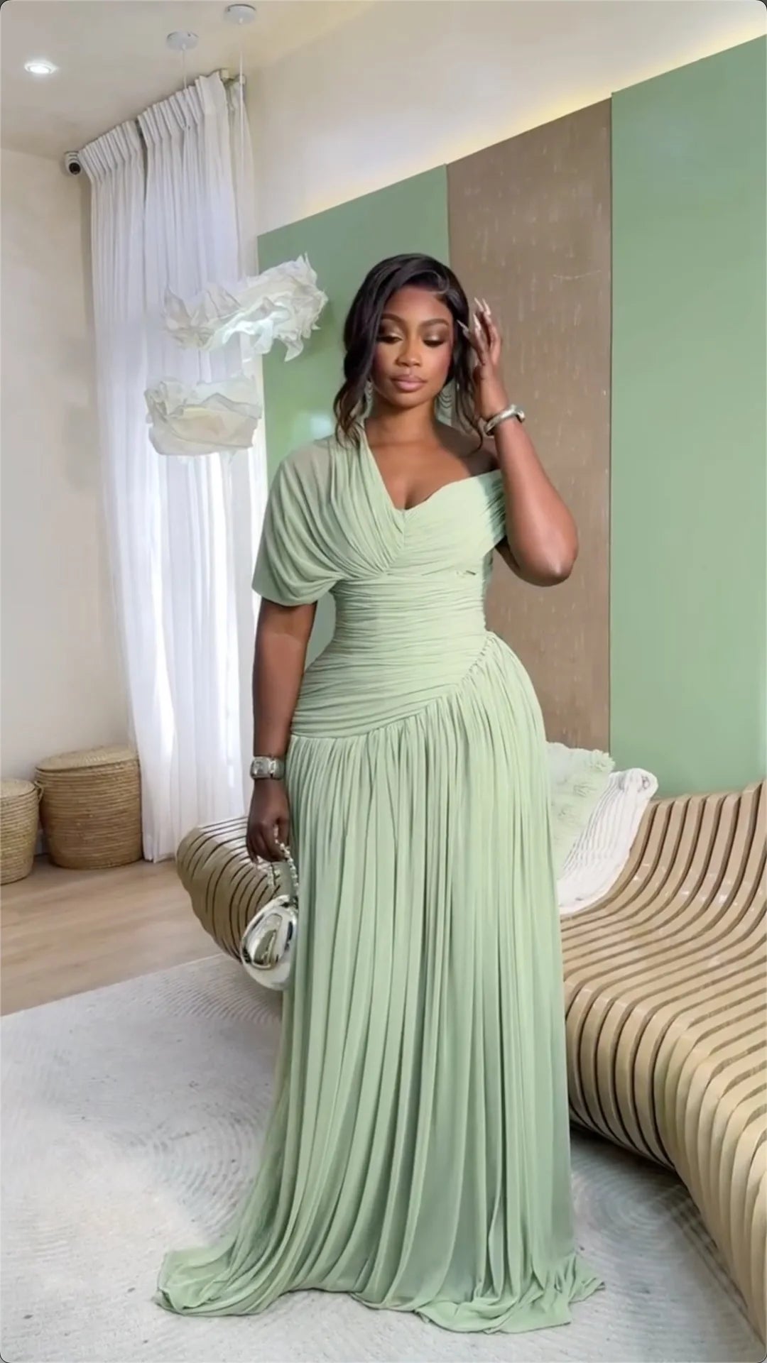 Sage Green One-Shoulder Ruched A-Line Maxi Dress