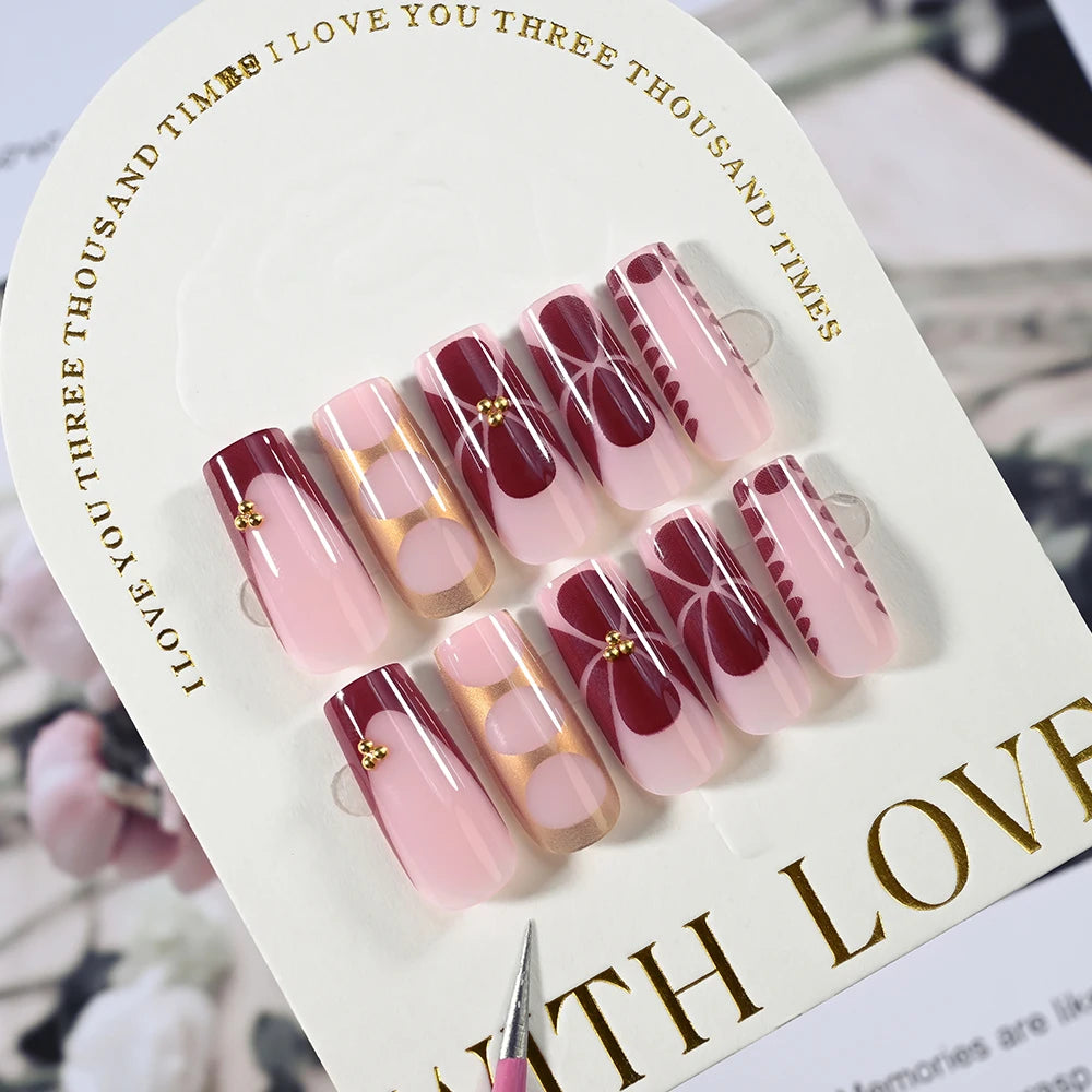 Retro Floral Gold Coffin Press-On Nails (24pcs)