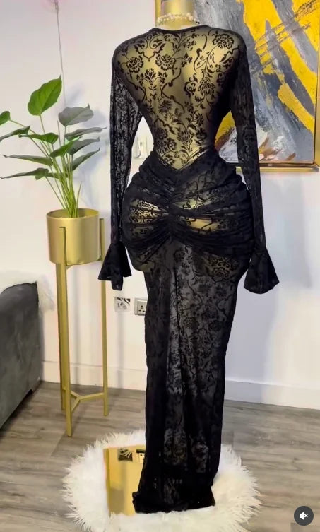 Mesh Bodycon Flare Sleeve Maxi Dress