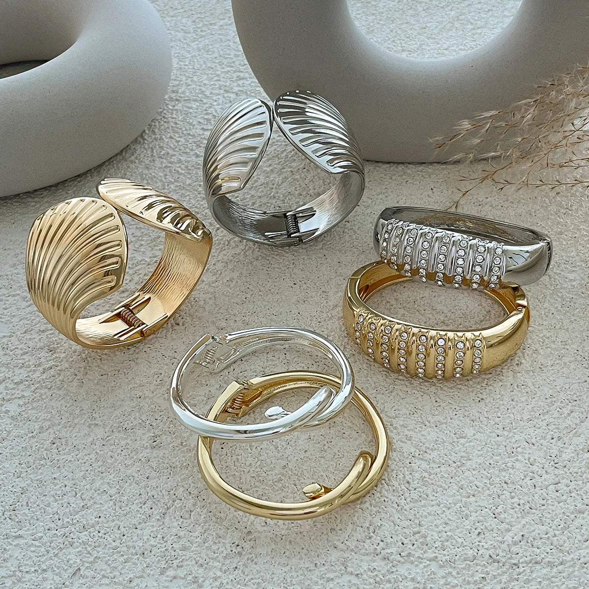 Scallop Knot Open Cuff Bangle – Vintage Gold & Silver Rhinestone Bracelet