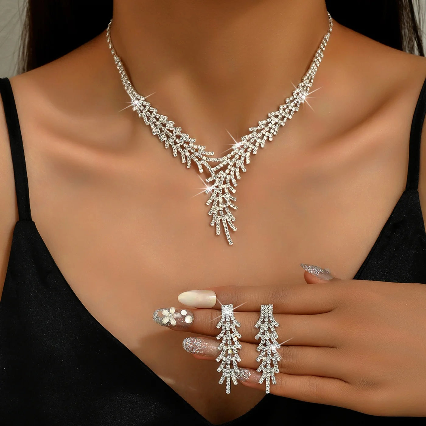 Rhinestone Claw Chain BBridal Set – Necklace & Earrings Wedding Jewellery