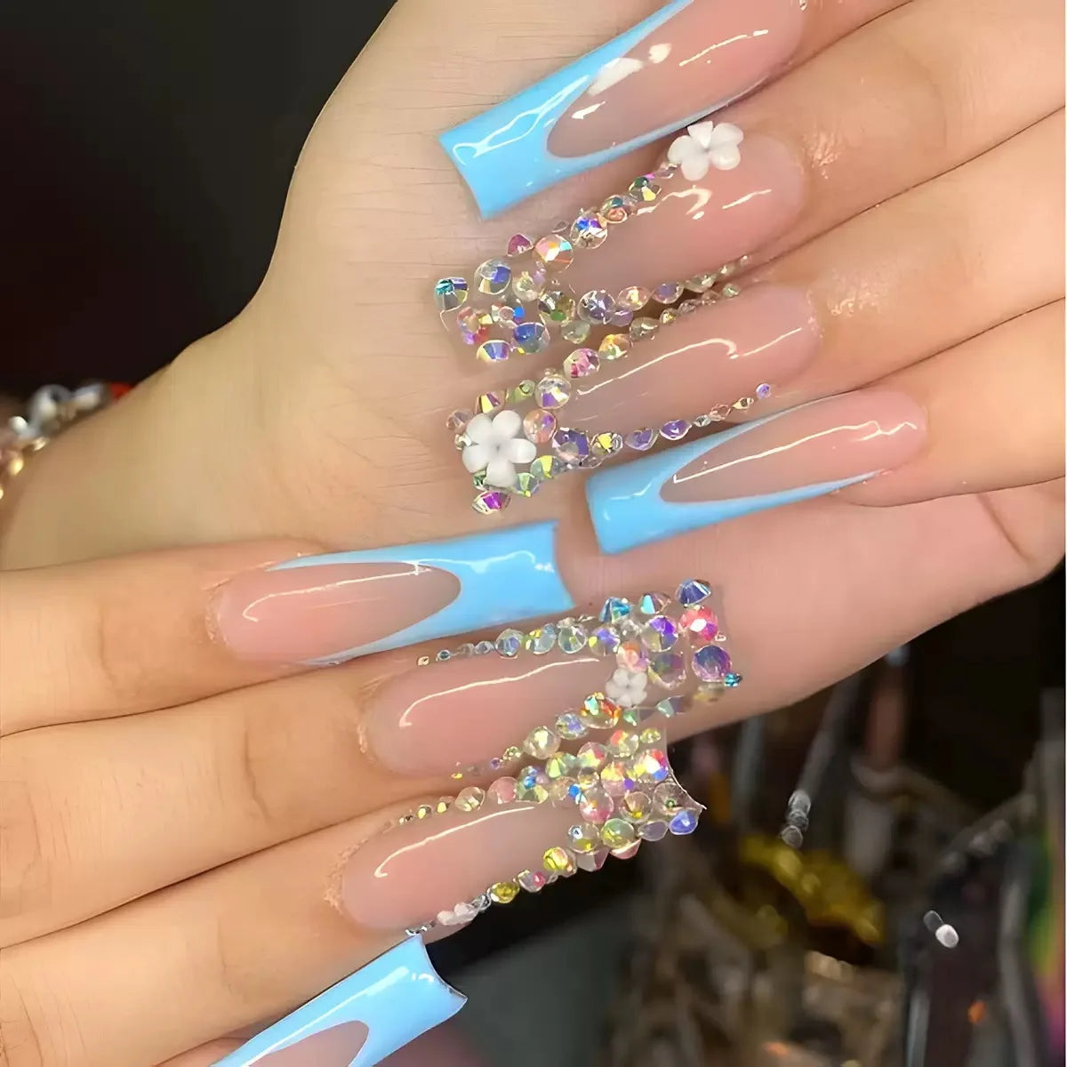 White French Diamond Flower Press-On Nails - Coffin Ballerina