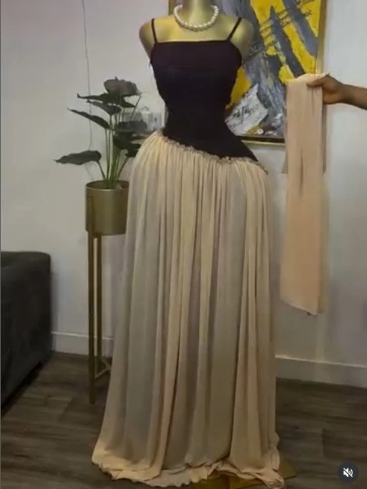 Patchwork Ruffle Strap A-Line Maxi Dress with Scarf