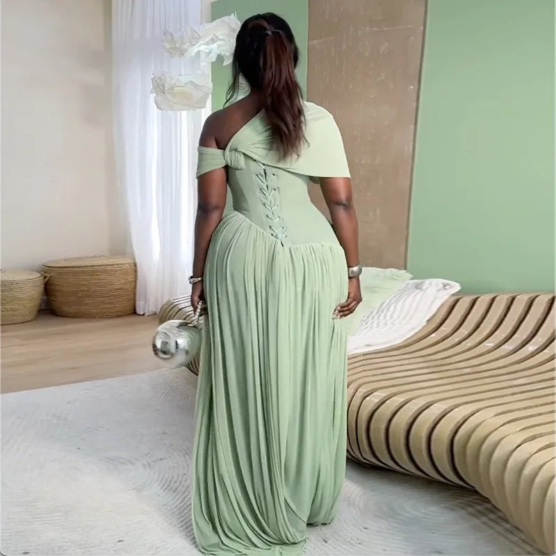 Sage Green One-Shoulder Ruched A-Line Maxi Dress