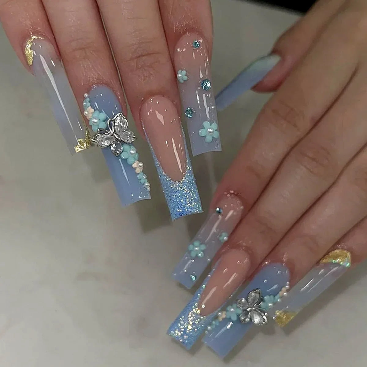Diamond & Gold Butterfly Press-On Nails – 24pcs Long Elegant Acrylic