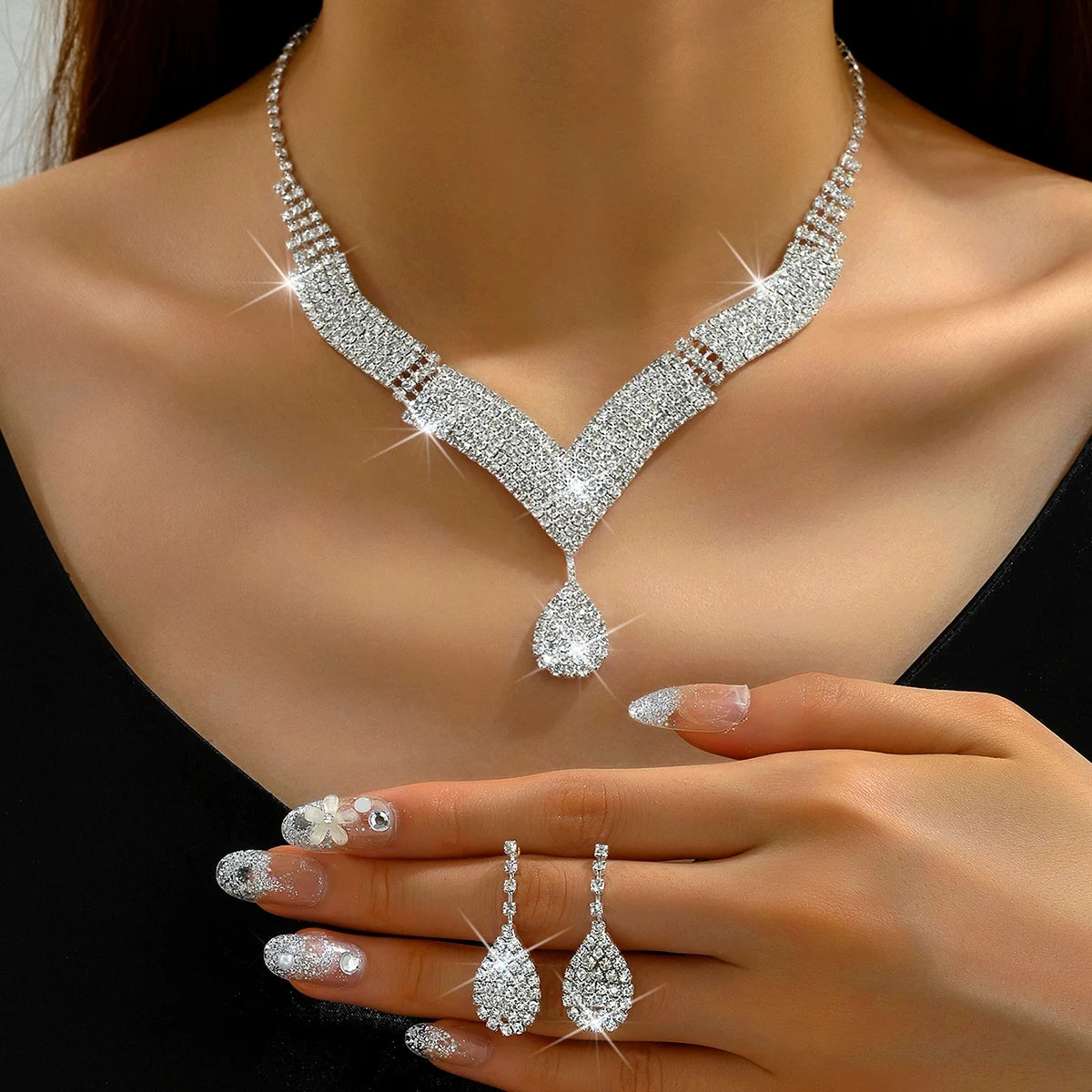 Rhinestone Claw Chain BBridal Set – Necklace & Earrings Wedding Jewellery