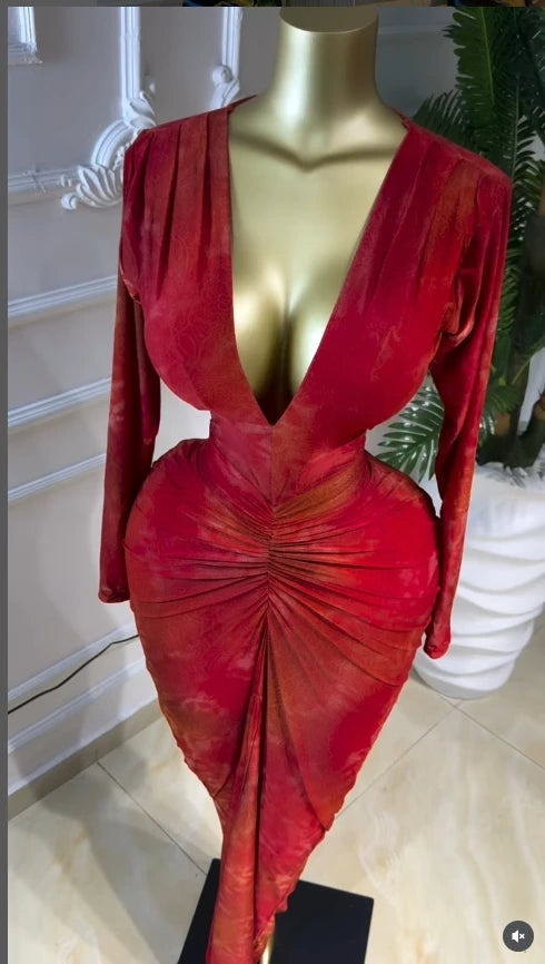 Printed V-Neck Ruched Bodycon Maxi Dress