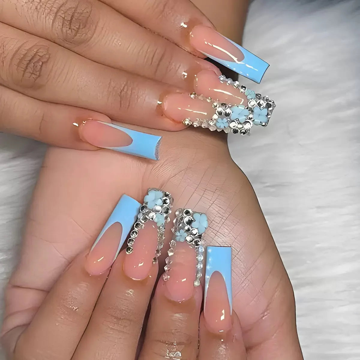White French Diamond Flower Press-On Nails - Coffin Ballerina