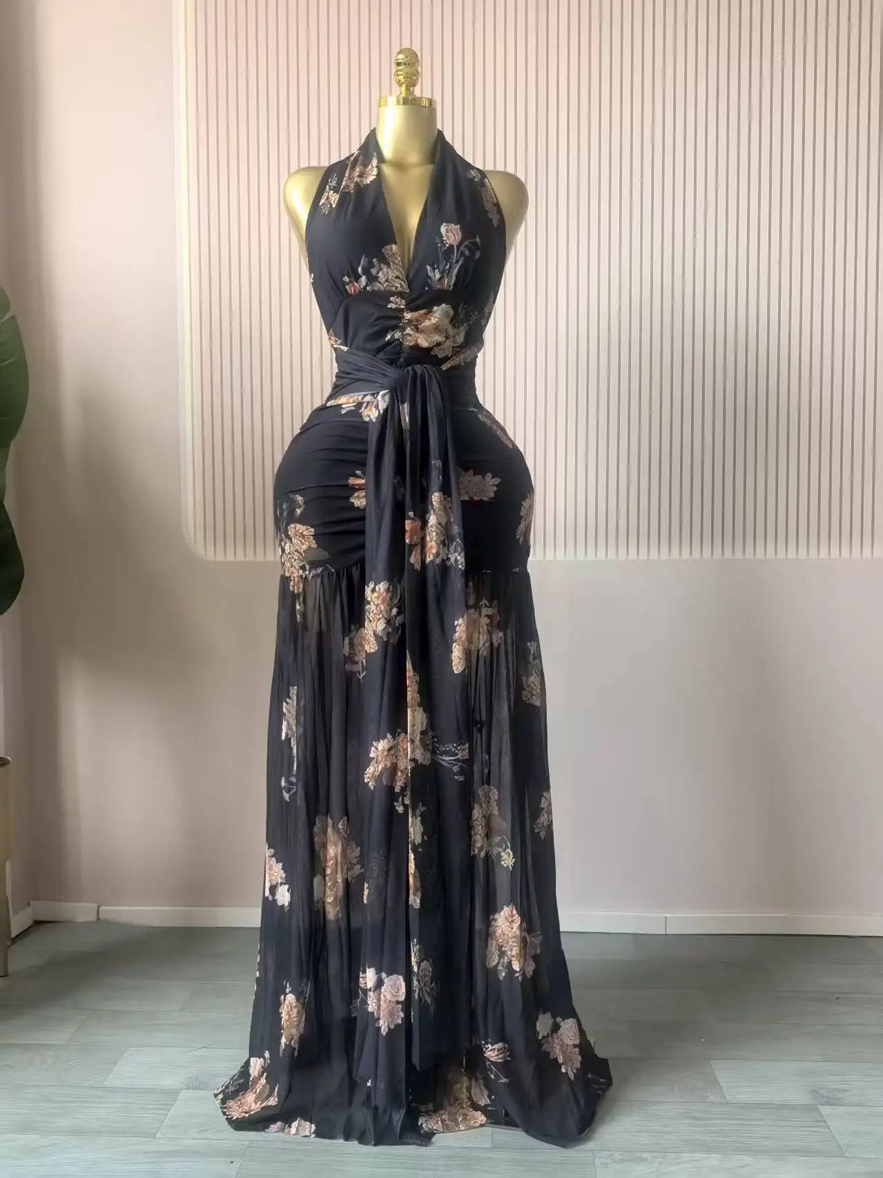 Floral Halter V-Neck Backless Ruched Ruffle Maxi Dress