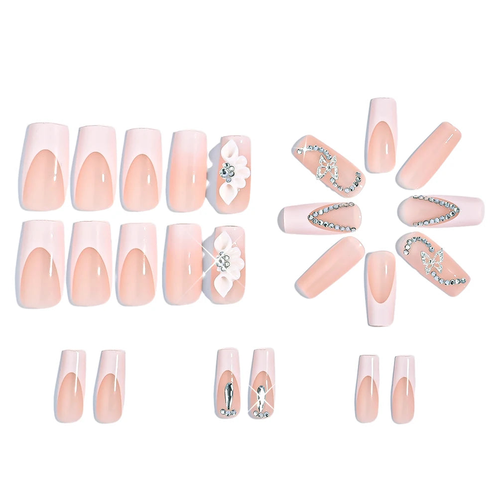 Butterfly Flower Rhinestone Press-On Nails - Coffin French
