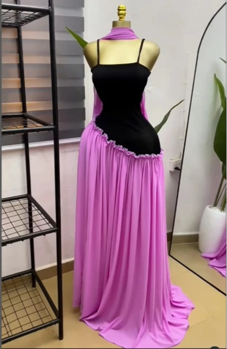 Patchwork Ruffle Strap A-Line Maxi Dress with Scarf