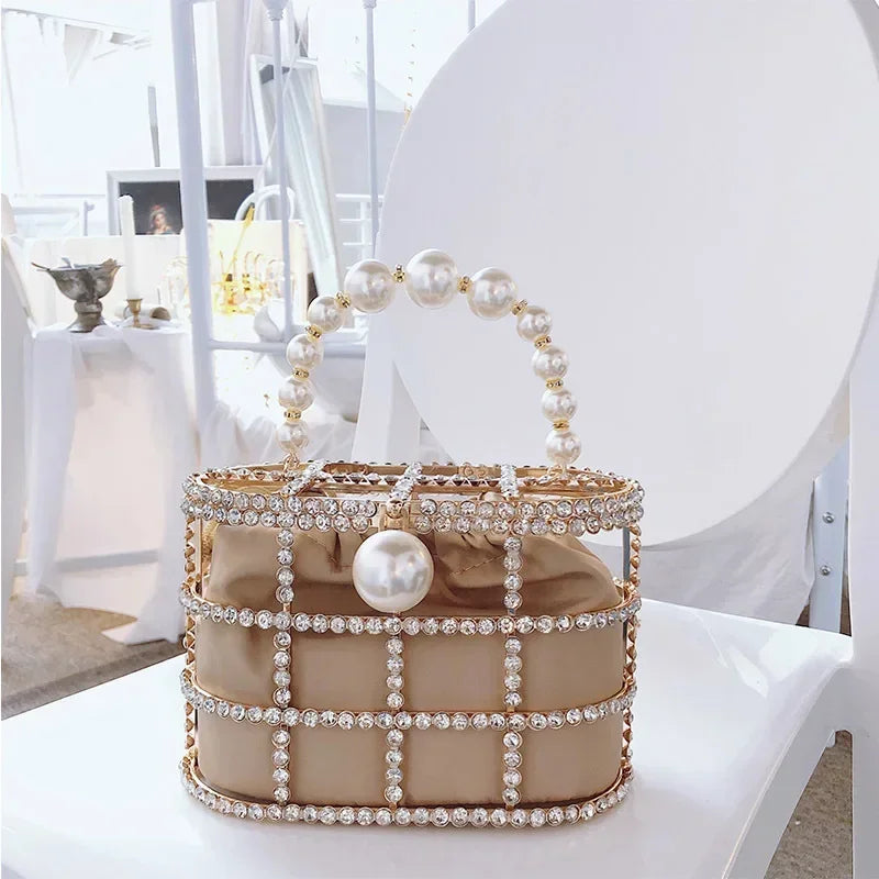 Luxe Pearl & Diamond Metallic Evening Bag