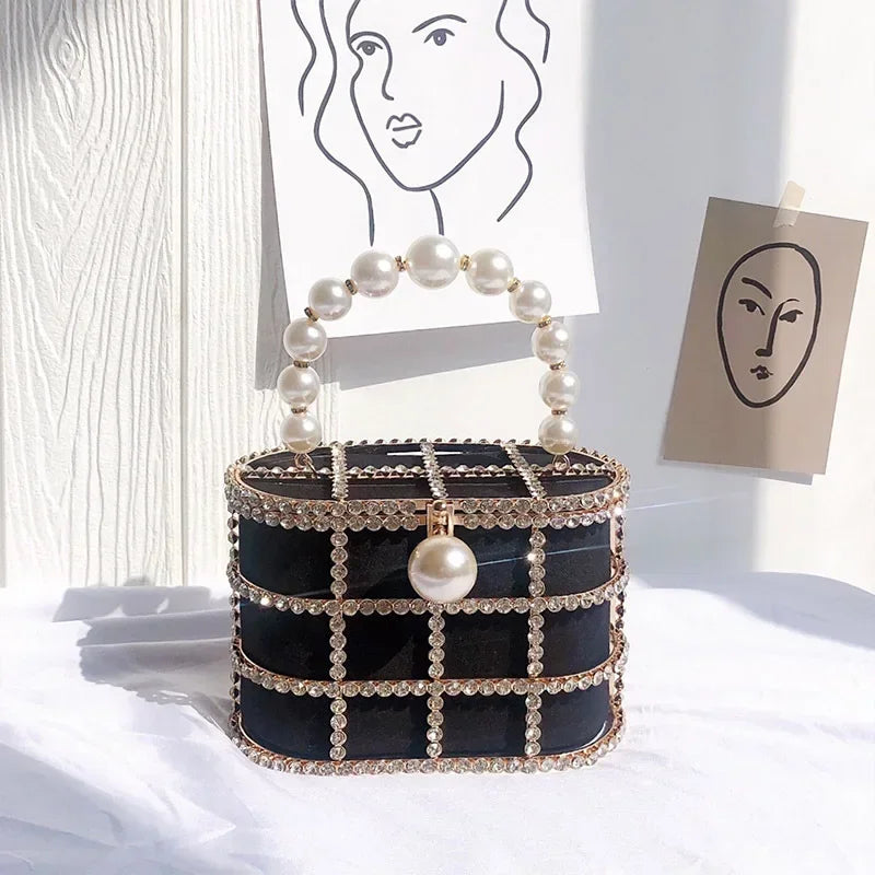 Luxe Pearl & Diamond Metallic Evening Bag