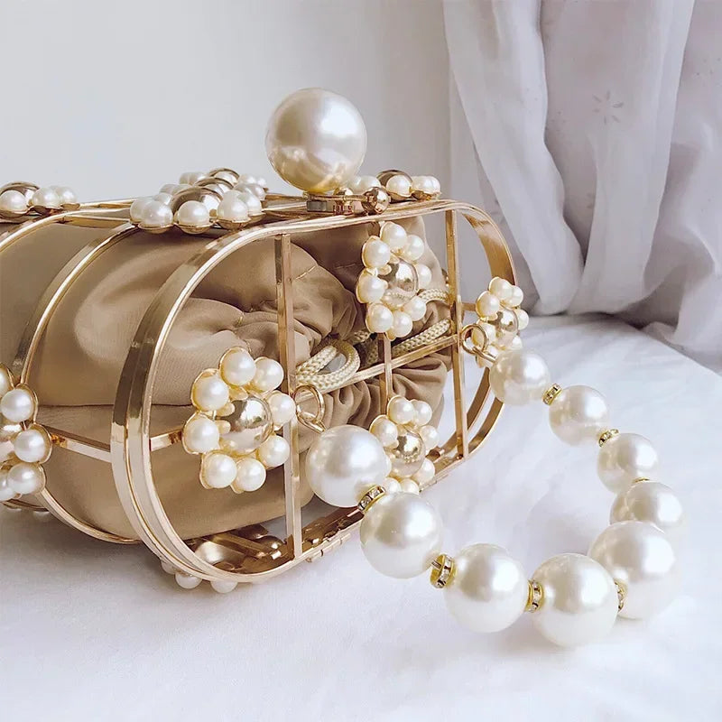 Luxe Pearl & Diamond Metallic Evening Bag