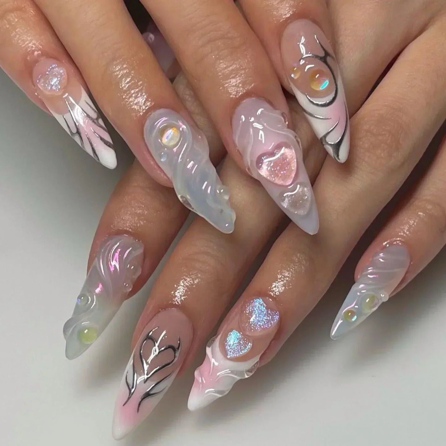3D Love Glitter Pink Almond Press-On Nails (24pcs)