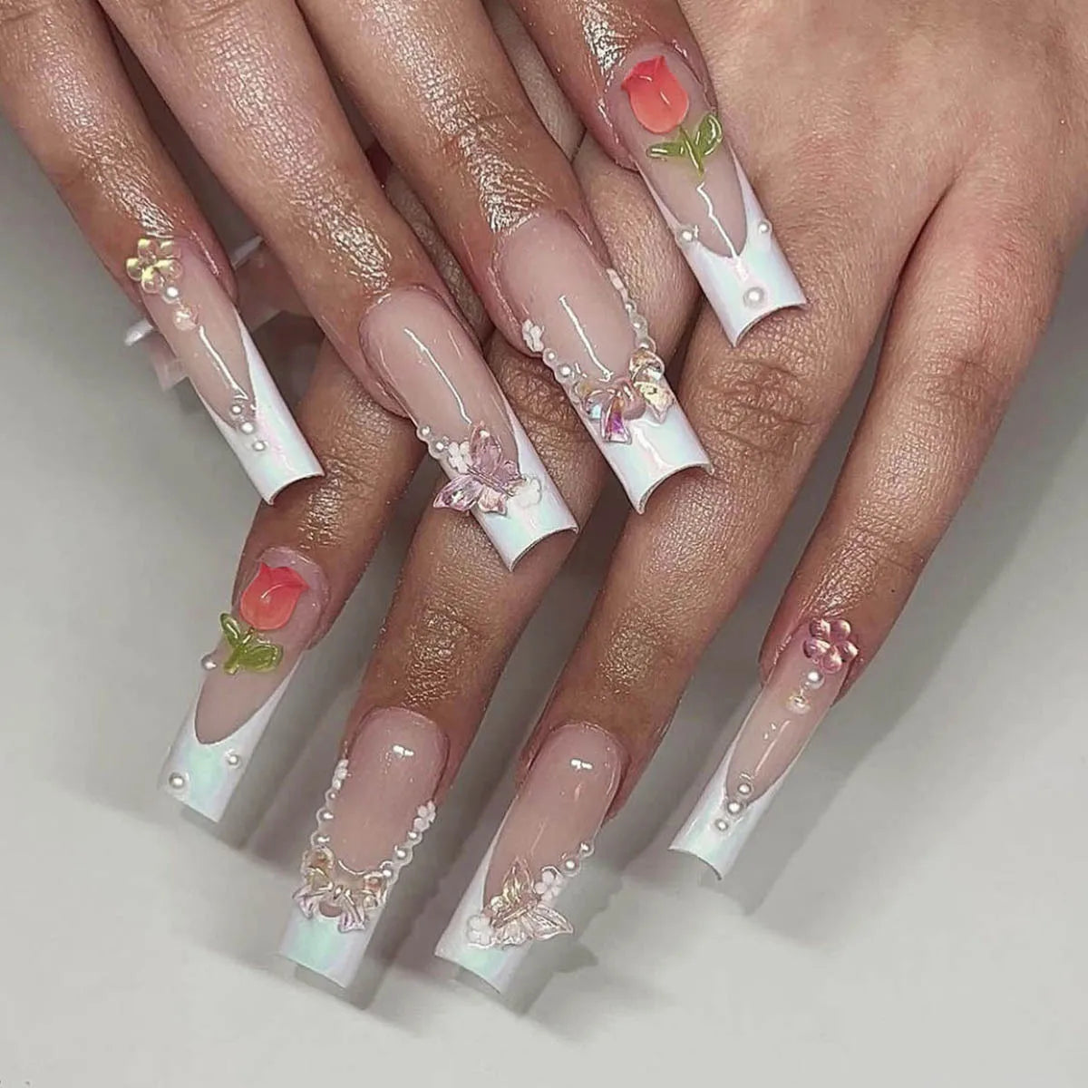 Pink Butterfly Glitter Press-On Nails - French Ballet
