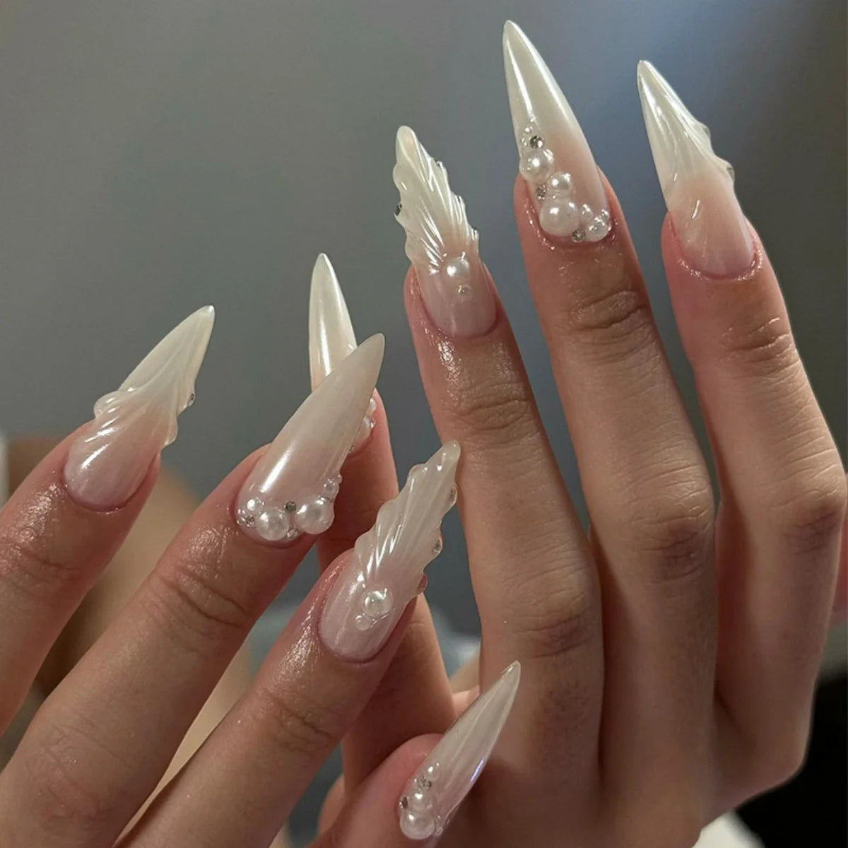 Nude Flower Rhinestone Stiletto Press-On Nails - Almond