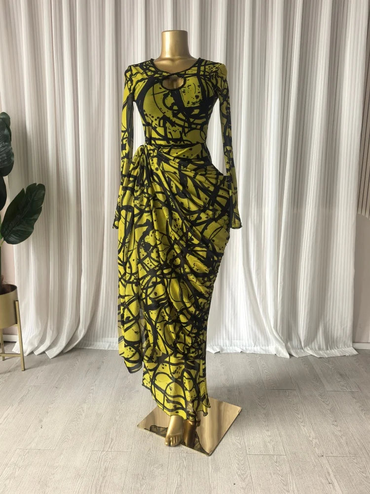 Striped Ribbon Ruched Long Sleeve Bodycon Maxi Dress