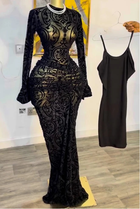Mesh Bodycon Flare Sleeve Maxi Dress