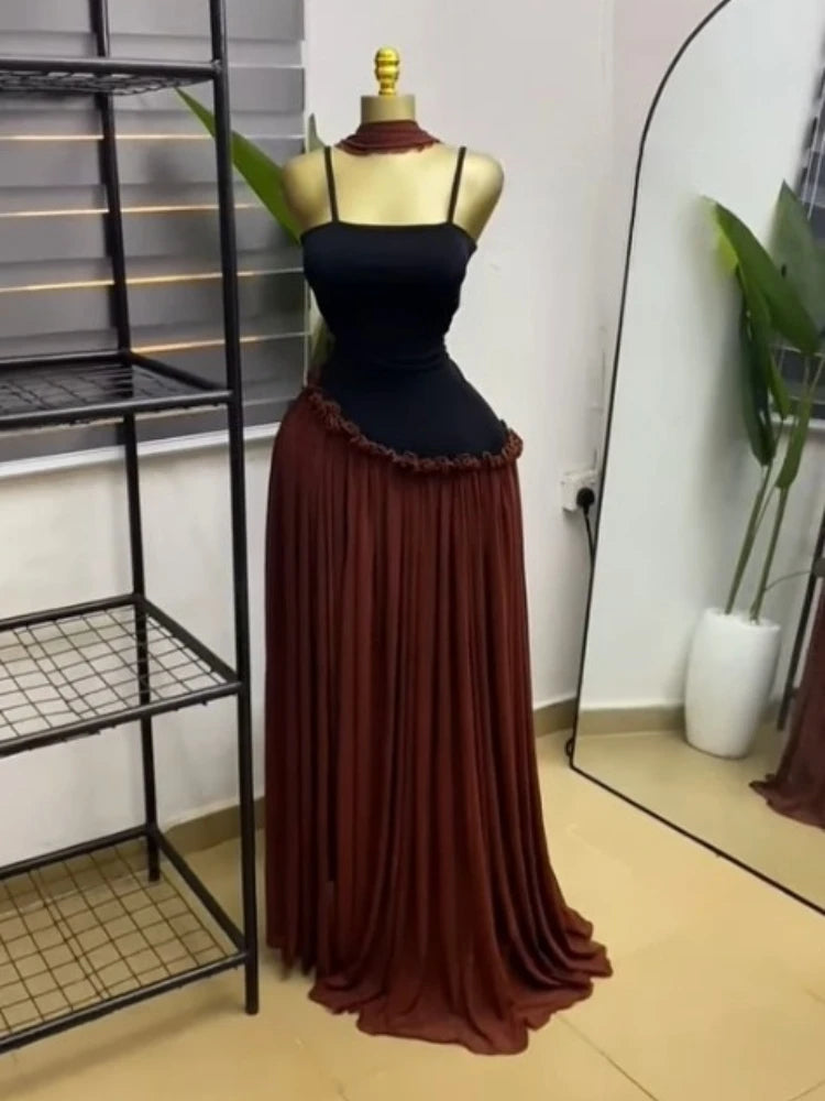 Patchwork Ruffle Strap A-Line Maxi Dress with Scarf