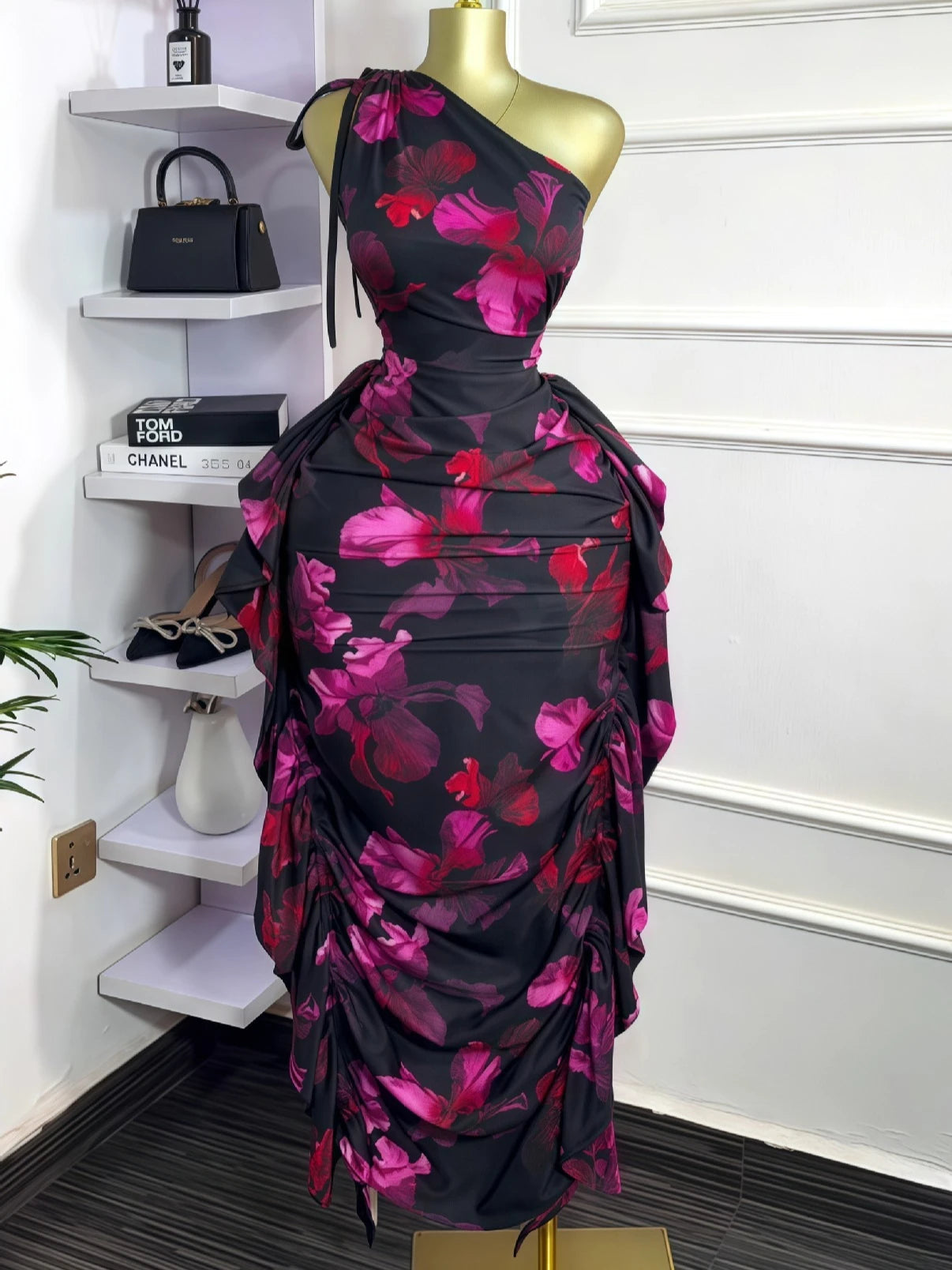 Floral One-Shoulder Ruched Maxi Dress