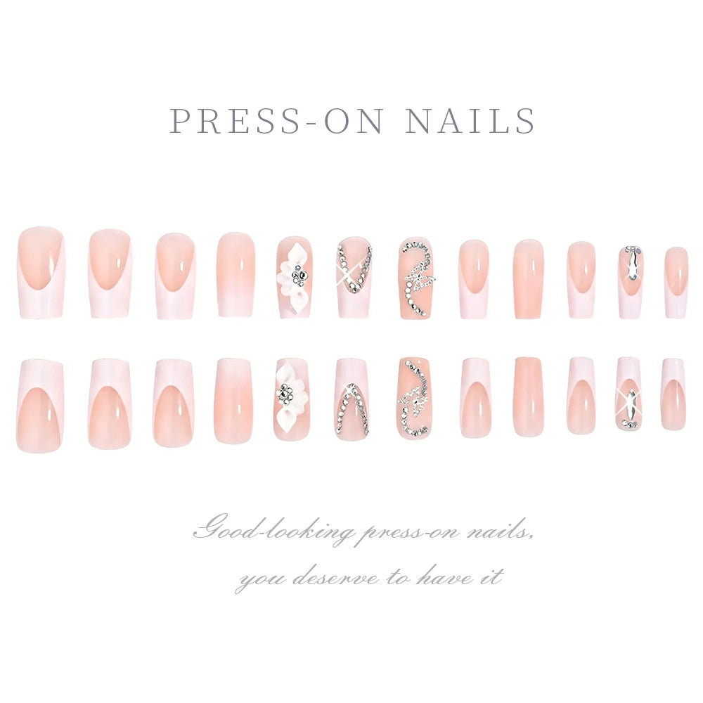 Butterfly Flower Rhinestone Press-On Nails - Coffin French