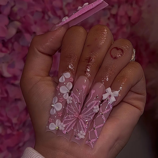 Pink Butterfly Glitter Press-On Nails - French Ballet