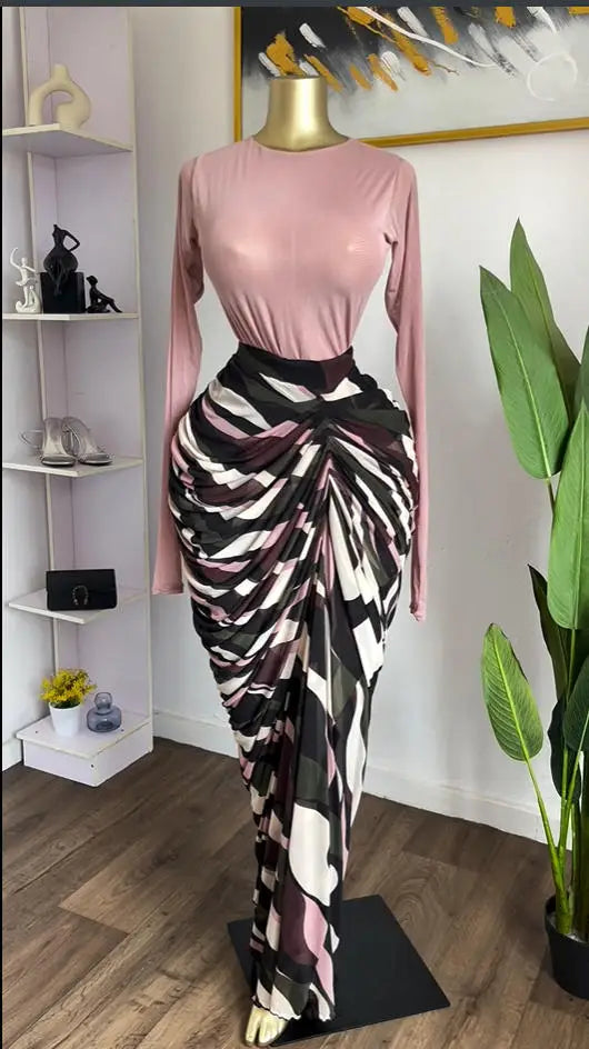 Tie Dye Patchwork Pleated Maxi Dress – Long Sleeve Bodycon Floor-Length Dress