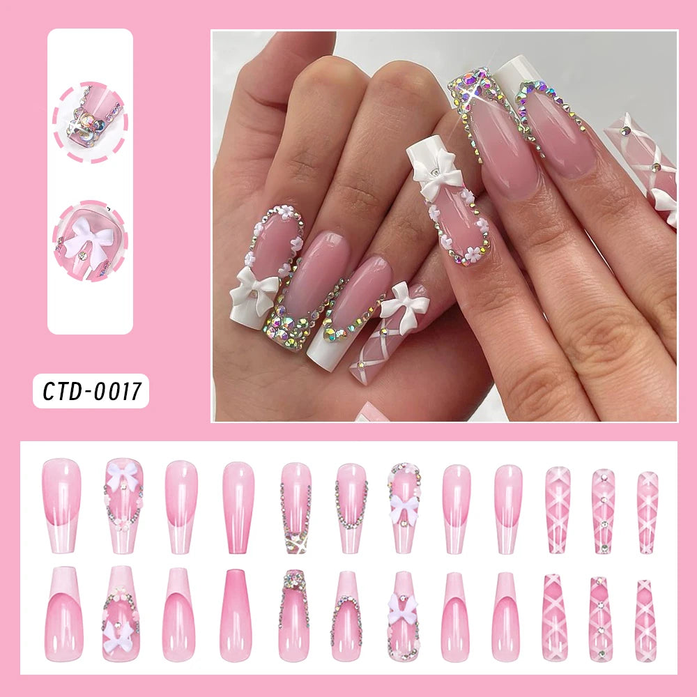 Butterfly Flower Rhinestone Press-On Nails - Coffin French