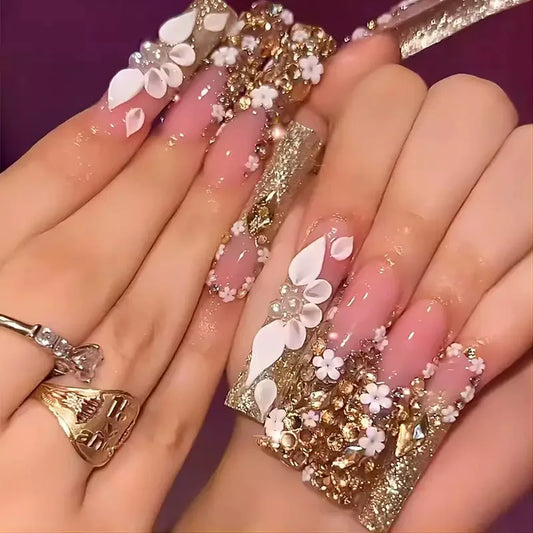 White French Diamond Flower Press-On Nails - Coffin Ballerina