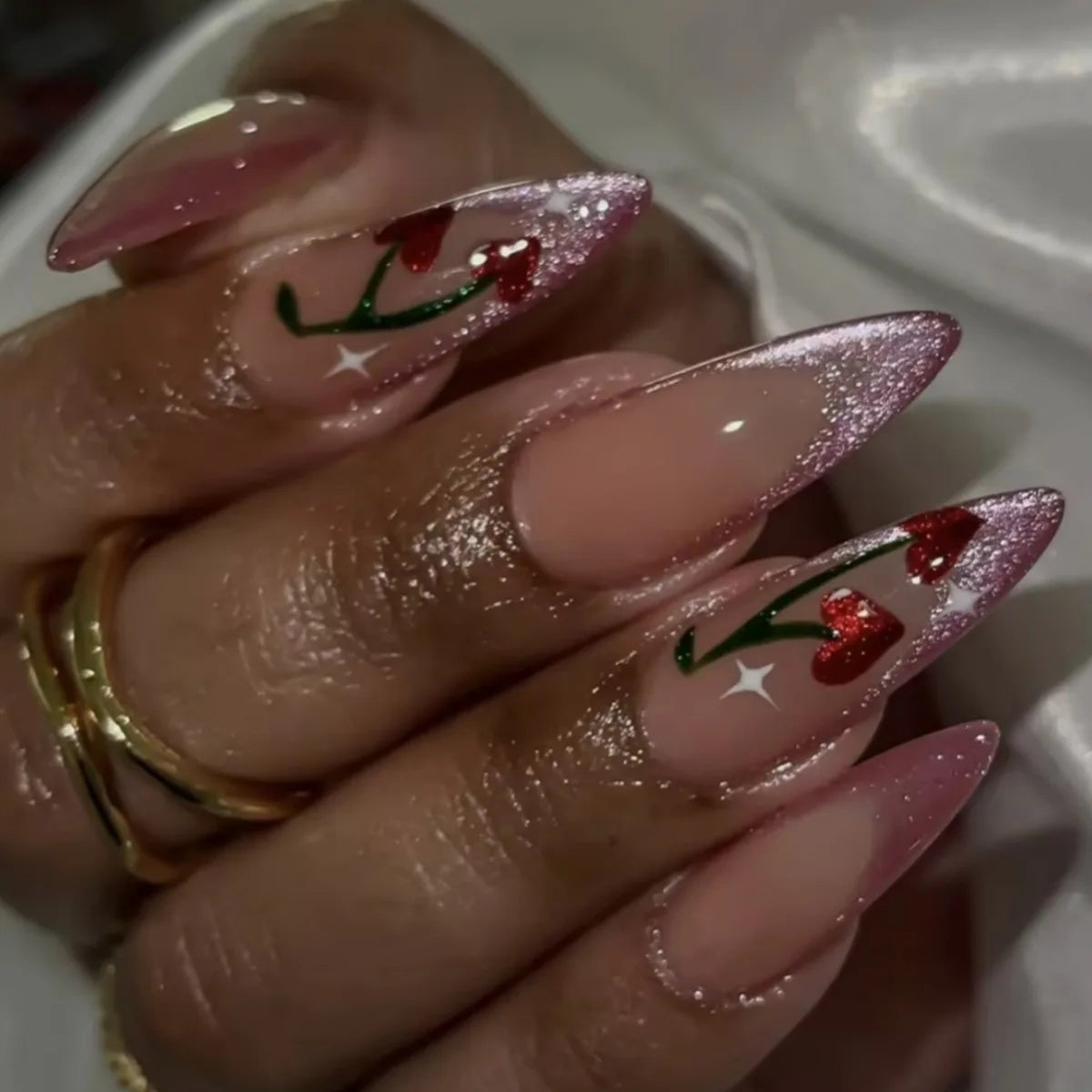 Nude Flower Rhinestone Stiletto Press-On Nails - Almond