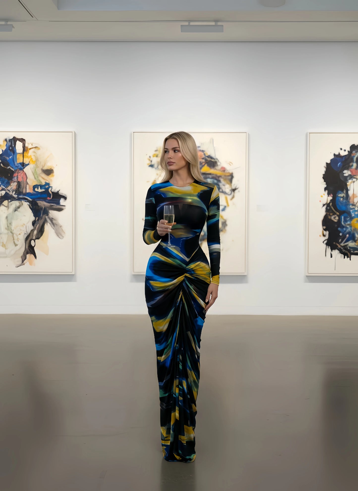 Tie Dye Ruched Bodycon Maxi Dress – Long Sleeve Floor-Length Vacation Dress